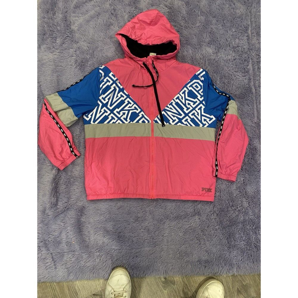 PINK Victoria Secret Women's M/L HOT‎ PINK/BLUE Hooded Poly Jacket Fleece Lined